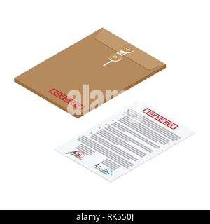 3 s isometrischen Perspektive braun Lange postalischen Umschlag und der Schablone Dokument mit roten Stempel top secret und Vector Illustration. Kuvert verschlossen w Stock Vektor