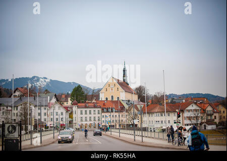 Bad Tölz, Deutschland - März 10, 2018: Blick auf Altstadt Bad Tölz in Bayern Stockfoto