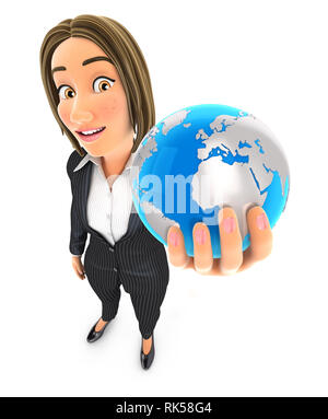 3d-Business woman holding Blue Earth, Illustration mit isolierten weißen Hintergrund Stockfoto