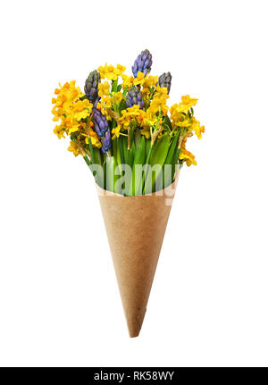 Hyazinthen und Narzissen Blumen in einem Handwerk Cornet isoliert auf weißem Stockfoto