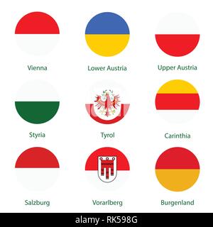 Runde vektor Icon Set, Sammlung Österreich Bundesländer Fahnen. Burgenland, Vorarlberg, Salzburg, Tirol, Kärnten, Steiermark, Niederösterreich und Oberösterreich. Stock Vektor