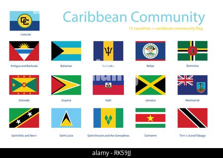 Karibische Gemeinschaft Mitglied Fahnen vektor Icon Set. Flagge der CARICOM-Tasten Stock Vektor