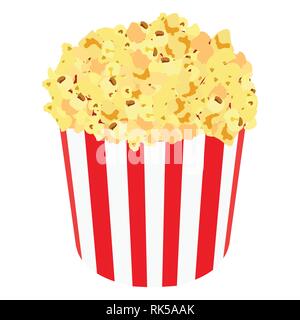 Vector Illustration isometrische Film Popcorn. In rot-weiß gestreiften Schachtel Popcorn. Popcorn box. Paper Bag mit Popcorn Stock Vektor