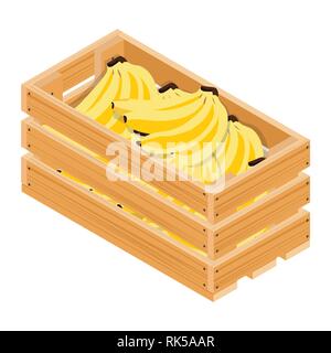 Vektor isometrische reife Bananen im Holzkasten isoliert auf weißem Hintergrund. Stock Vektor
