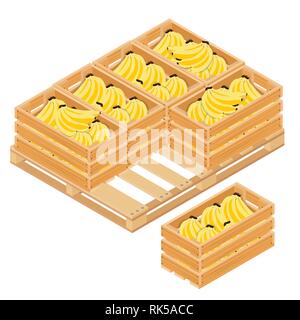 Vektor isometrische reife Bananen im Holzkasten auf Palette auf weißem Hintergrund. Stock Vektor