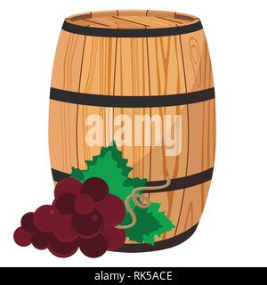 Vector Illustration rote Trauben auf Holzfass mit Wein isoliert auf weißem Stock Vektor