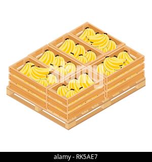 Vektor isometrische reife Bananen im Holzkasten auf Palette auf weißem Hintergrund. Stock Vektor