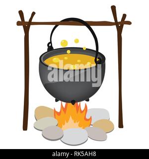 Magic Wasserkocher mit gelben Gift, Löffel hängt über Feuer Vector Illustration. Kessel. Topf Vektor Stock Vektor