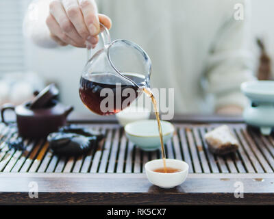 Chinesische Teezeremonie. Master gießen puer Tee in Tassen. Pu Erh Tee Zeremonie. Stockfoto