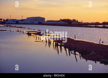 Salinen in der Abenddämmerung. Isla Cristina, Provinz Huelva, Andalusien, Spanien. Stockfoto