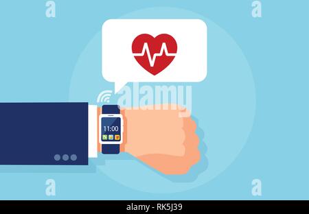 Moderne Technik und health monitoring Konzept. Der Vektor der eine Hand mit smartwatch Messen der Herzfrequenz Stock Vektor