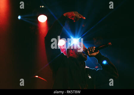 Dänemark, Kopenhagen - Februar 07., 2019. Der amerikanische Rapper und Lyriker Jay Rock führt ein Live Konzert in Pumpehuset in Kopenhagen. (Foto: Gonzales Foto - Samy Khabthani). Stockfoto