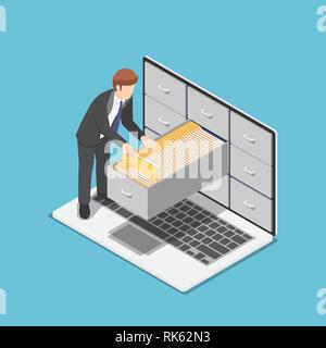 Wohnung 3 d isometrische Geschäftsmann Dokumentordner im Kabinett innerhalb der Bildschirm des Laptops zu verwalten. Datei- und Data Management Konzept. Stock Vektor