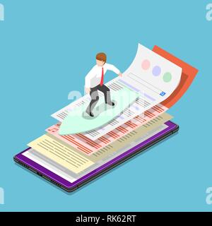 Wohnung 3 d isometrische Geschäftsmann die Web und Internet auf seinem Smartphone surfen. Web Surfer und internet Konzept. Stock Vektor