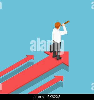 Wohnung 3 d isometrische Geschäftsmann mit Teleskop stehend auf Pfeil nach vorn zu bewegen. Business Vision Konzept. Stock Vektor