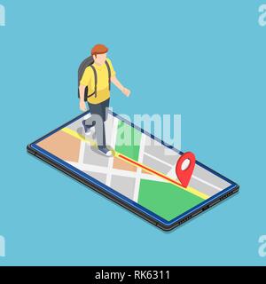 Wohnung 3 d isometrische Traveller's Karte Anwendung auf dem Smartphone, um das Ziel zu erreichen. Mobile GPS Navigation System Konzept. Stock Vektor