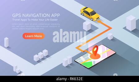 Isometrische 3d-Fahne Auto ging Punkt an, um das GPS zu Pin-Karte Navigation auf dem Smartphone. Mobile gps-Navigation Technologie Konzept Landi Stock Vektor