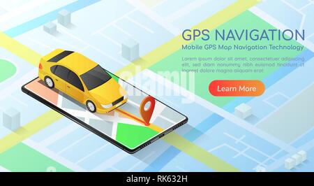 Isometrische 3d-Fahne Auto mit GPS-Navigation auf dem Smartphone die Anwendung. Mobile gps-Navigation Technologie konzept Landing-page. Stock Vektor