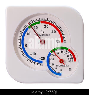 Thermometer und Hygrometer zeigt eine angenehme Temperatur und Luftfeuchtigkeit, isoliert auf weißem Stockfoto