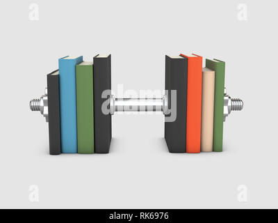 3D-Darstellung der hantel und Stapel an Büchern, die für die zum Konzept des Lernens fit und gesund zu werden. Stockfoto