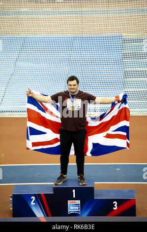 Birmingham, Großbritannien. 9 Feb, 2019. spar Meisterschaften kugelstoßen Sieger Scott Lincoin Spar Britische Athletik Indoor Championships in Birmingham, England. Credit: Paul Saripo/Alamy leben Nachrichten Stockfoto