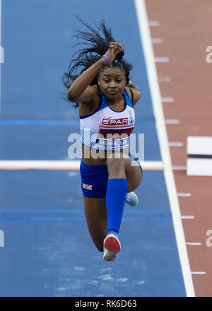 Birmingham, Großbritannien. 9. Feb 2019. Naomi Ogbeta in Frauen Dreisprung Finale während SPAR Britische Athletik Indoor Championships 2019 im Arena Birmingham am Samstag, den 09. Februar 2019. BIRMINGHAM, ENGLAND. (Nur redaktionelle Nutzung, eine Lizenz für die gewerbliche Nutzung erforderlich. Keine Verwendung in Wetten, Spiele oder einer einzelnen Verein/Liga/player Publikationen.) Credit: Taka G Wu/Alamy News Credit: Taka Wu/Alamy leben Nachrichten Stockfoto