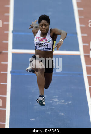 Birmingham, Großbritannien. 9. Feb 2019. Shanara Hibbert in Frauen Dreisprung Finale während SPAR Britische Athletik Indoor Championships 2019 im Arena Birmingham am Samstag, den 09. Februar 2019. BIRMINGHAM, ENGLAND. (Nur redaktionelle Nutzung, eine Lizenz für die gewerbliche Nutzung erforderlich. Keine Verwendung in Wetten, Spiele oder einer einzelnen Verein/Liga/player Publikationen.) Credit: Taka G Wu/Alamy News Credit: Taka Wu/Alamy leben Nachrichten Stockfoto