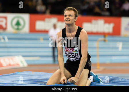 Birmingham, Großbritannien. 9. Feb 2019. Ryan Webb zeigt Frustration nach in Männer Hochsprung Final während SPAR Britische Athletik Indoor Championships 2019 konnte im Arena Birmingham am Samstag, den 09. Februar 2019. BIRMINGHAM, ENGLAND. (Nur redaktionelle Nutzung, eine Lizenz für die gewerbliche Nutzung erforderlich. Keine Verwendung in Wetten, Spiele oder einer einzelnen Verein/Liga/player Publikationen.) Credit: Taka G Wu/Alamy News Credit: Taka Wu/Alamy leben Nachrichten Stockfoto