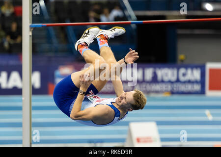 Birmingham, Großbritannien. 9. Feb 2019. Chris Baker zeigt, Frustration, nachdem man die 2,26 Meter in Men's Schoß zu springen Letzte während SPAR Britische Athletik Indoor Championships 2019 im Arena Birmingham am Samstag, den 09. Februar 2019. BIRMINGHAM, ENGLAND. (Nur redaktionelle Nutzung, eine Lizenz für die gewerbliche Nutzung erforderlich. Keine Verwendung in Wetten, Spiele oder einer einzelnen Verein/Liga/player Publikationen.) Credit: Taka G Wu/Alamy News Credit: Taka Wu/Alamy leben Nachrichten Stockfoto