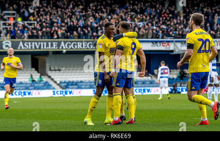 Birmingham, Großbritannien. 9. Feb 2019. Che Adams von Birmingham City feiert zählen seine dritte und Birminghams 4. Ziel der EFL Sky Bet Championship Match zwischen den Queens Park Rangers und Birmingham City an der Loftus Road Stadium, London, England am 9. Februar 2019. Foto von Phil Hutchinson. Nur die redaktionelle Nutzung, eine Lizenz für die gewerbliche Nutzung erforderlich. Keine Verwendung in Wetten, Spiele oder einer einzelnen Verein/Liga/player Publikationen. Credit: UK Sport Pics Ltd/Alamy leben Nachrichten Stockfoto