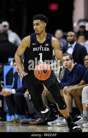 Washington, District of Columbia, USA. 9 Feb, 2019. Butler Bulldogs freuen JORDANIEN TUCKER (1) während der ersten Hälfte gegen die Georgetown Hoyas am Kapital einer Arena an. Credit: Terrence Williams/ZUMA Draht/Alamy leben Nachrichten Stockfoto