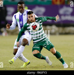 Budapest, Ungarn. 9. Feb 2019. (L - r) Vincent Onovo der-FC kämpft für den ball mit Fernando Gorriaran des Ferencvarosi TC während die ungarische OTP Bank Liga Match zwischen-FC und Ferencvarosi TC bei Szusza Ferenc Stadion am 9. Februar 2019 in Budapest, Ungarn. Credit: Laszlo Szirtesi/Alamy leben Nachrichten Stockfoto