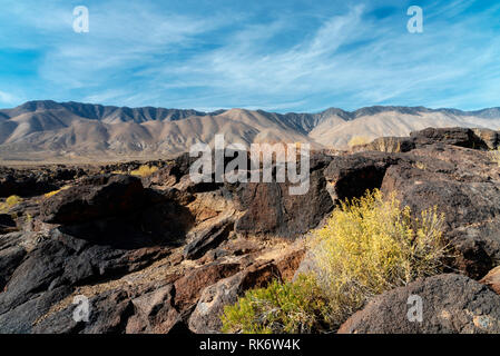 Gelbe Büsche wachsen, bunte Lavafelsen mit Bergen im Hintergrund unter blauem Himmel mit weißen Wolken. Stockfoto