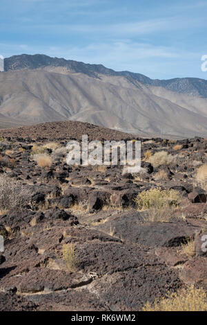 Felder abgedeckt in der Lava Rock mit spärlicher Vegetation wächst, Berg jenseits unter strahlend blauen Himmel. Stockfoto