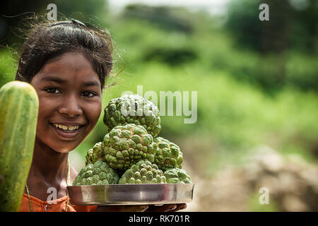 Junge Rajasthani Mädchen verkaufen Obst Stockfoto