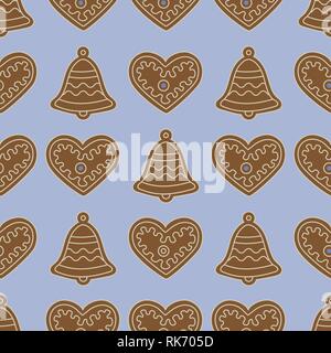 Nahtlose Muster mit Lebkuchen Glocken und Herzen. Urlaub Hintergrund. Design für Banner, Poster-, Textil-, drucken. Stock Vektor