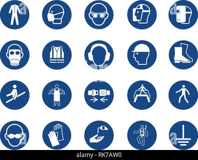 Pflichtfeld Zeichen, Bau Gesundheit, Sicherheit Zeichen in industriellen Anwendungen (Helm, Handschuhe, Gehörschutz, Augenschutz, Fuß schützen verwendet Stock Vektor