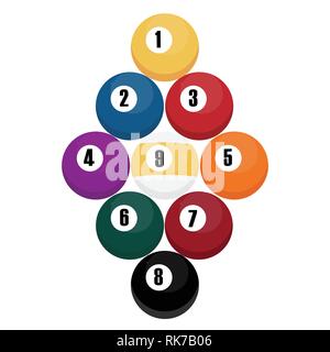 Vector Illustration Punkte und Streifen pool Kugeln auf weißem Hintergrund, neun Ball in einer Raute im Rack Stock Vektor