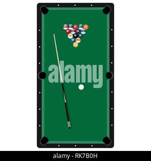 Vector Illustration realistische Billardtisch mit Kugeln und Cue. Billardtisch mit grünem Tuch, Ansicht von oben Stock Vektor