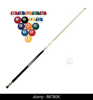 Vector Illustration Satz von Pool, Billard Kugeln und Cue auf weißem Hintergrund Stock Vektor