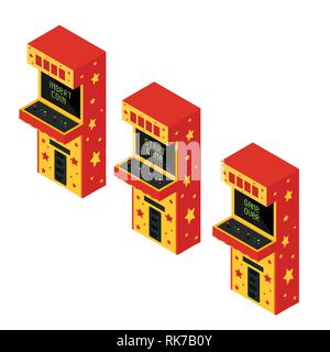 Vektor isometrische Retro Arcade game Machine Symbol gesetzt. Gaming Maschine mit Text Spiel vorbei, spiel starten und Insert Coin Stock Vektor