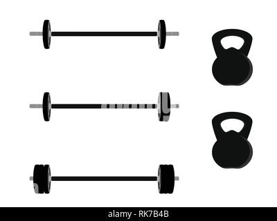 Schwarz Hantel und kettlebell Vektor einrichten. Sport Fitness Center. Gewicht Trainingsgeräte Konzept. Stock Vektor