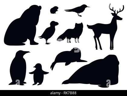 Schwarze Silhouette. Der arktische Tiere Symbol. Vögel und Säugetiere. Arktische Tier, Cartoon flache Bauform. Vector Illustration auf weißem Hintergrund. Stock Vektor