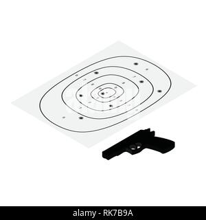 Isometrische Waffe Pistole und Target Shooting Range Genauigkeit und Präzision, Geschick Konzept Stock Vektor
