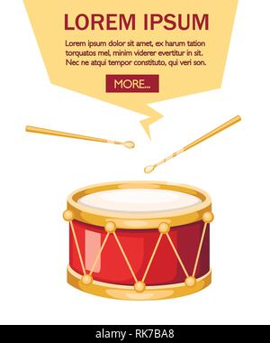 Red drum und Holzstäbchen drum. Musical Instrument, drum machine. Flache Vector Illustration auf weißem Hintergrund. Stock Vektor