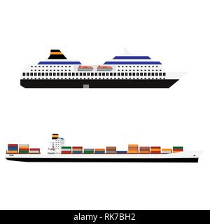 Satz von Meer Boote, Schiffe flachbild Vector Icons. Abbildung: Transport zu Wasser Kreuzfahrt und Frachtschiff Stock Vektor