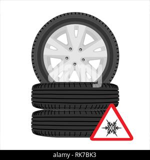 Ein Stapel von Autoreifen. Auto Räder und Warnschild Symbol auf weißem isoliert Stock Vektor