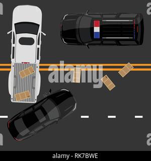 Vector Abbildung: Blick von oben auf die Autounfall mit weißen Pick up Auto und schwarzen Limousine auf die Straße. Polizei Auto Stock Vektor