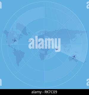 Abstrakt digital Radar screen mit Weltkarte und Ziele blauen Hintergrund. Vector Illustration Stock Vektor