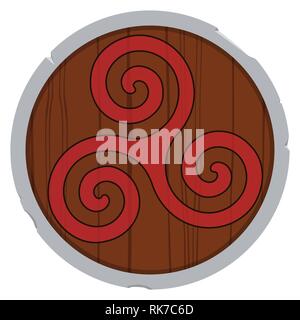 Vector Illustration Holz- Wikinger Schild mit triskelion Symbol auf weißem Hintergrund. Runde alte Schild Stock Vektor